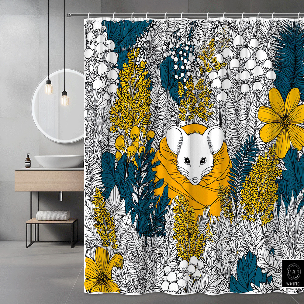 Mouse Floral Shower Curtain Blue Yellow Botanical Print