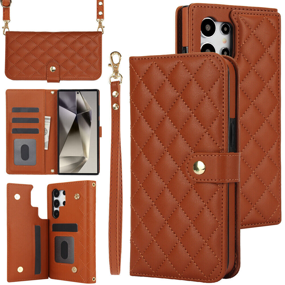 For Samsung Galaxy S24 S23 Note20 A55 A15 Leather Wallet Phone Case With Lanyard