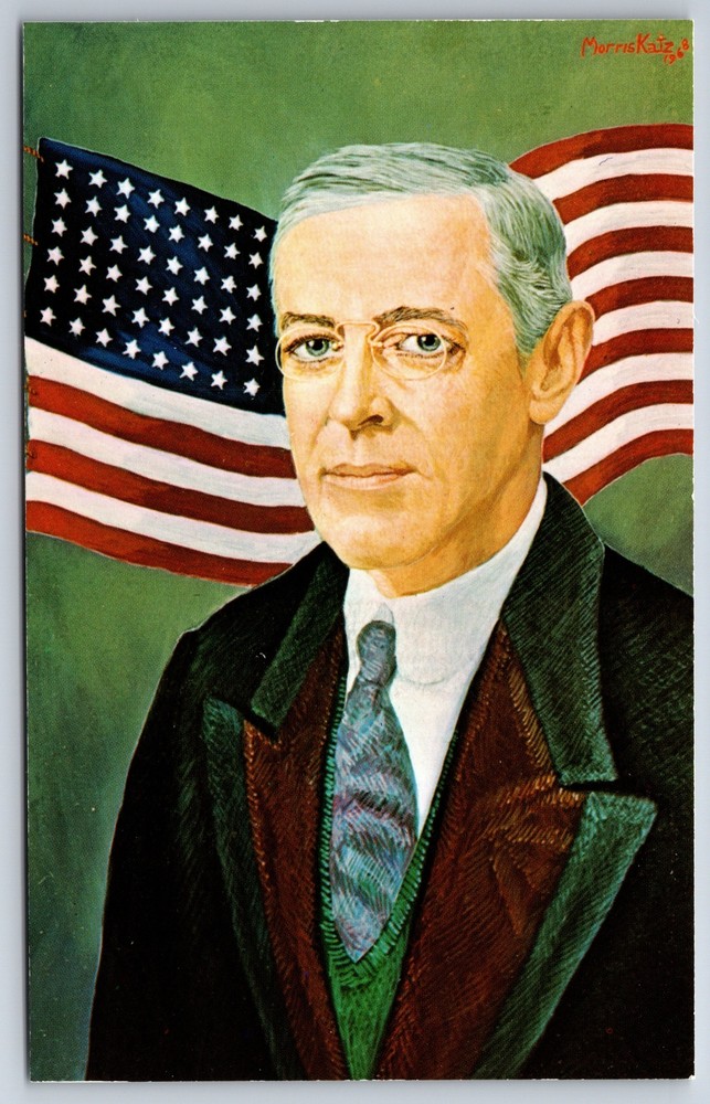 Morris Katz~Portrait Of Woodrow Wilson 28th US President~Flag~Vintage Postcard