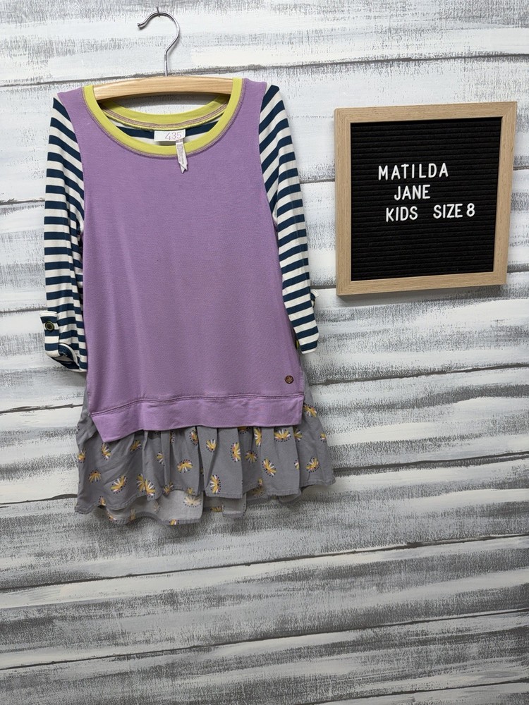 Girl's Matilda Jane 435 Purple Blue Striped Soft Tunic 3/4 Sleeve Shirt Size 8