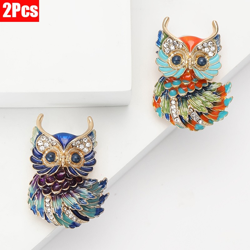 2Pcs Retro Art Multicolor Owl Brooch Sparkling Bird Lapel Pin Accessory