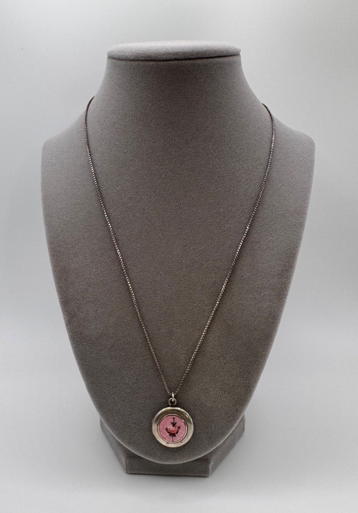 Vintage Sterling Guilloche Enamel Locket Necklace Pink Rose 20”