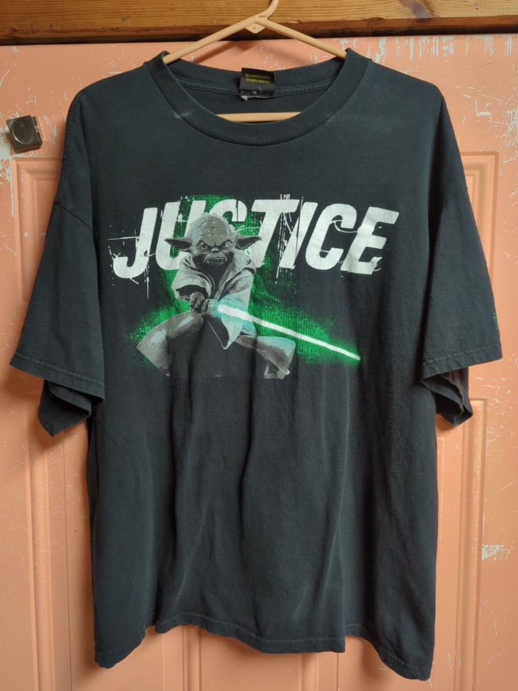 Vintage Star Wars Yoda T-Shirt Justice 2007 Black Green  Size Large