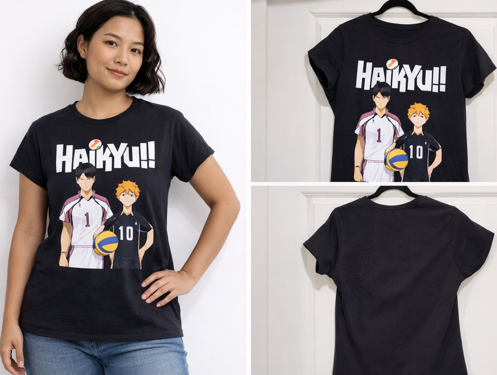 Women’s M Black Haikyuu!! Anime Graphic Print Crew Neck T-Shirt - Short Sleeve