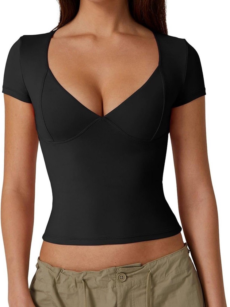 QINSEN Women's Sexy V Neck Shirt Long Sleeve Double Lined Tees Fitted Sz Small