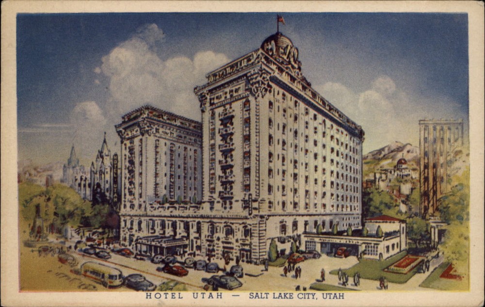 Salt Lake City Utah Hotel Utah cars flag ~ 1942 vintage postcard