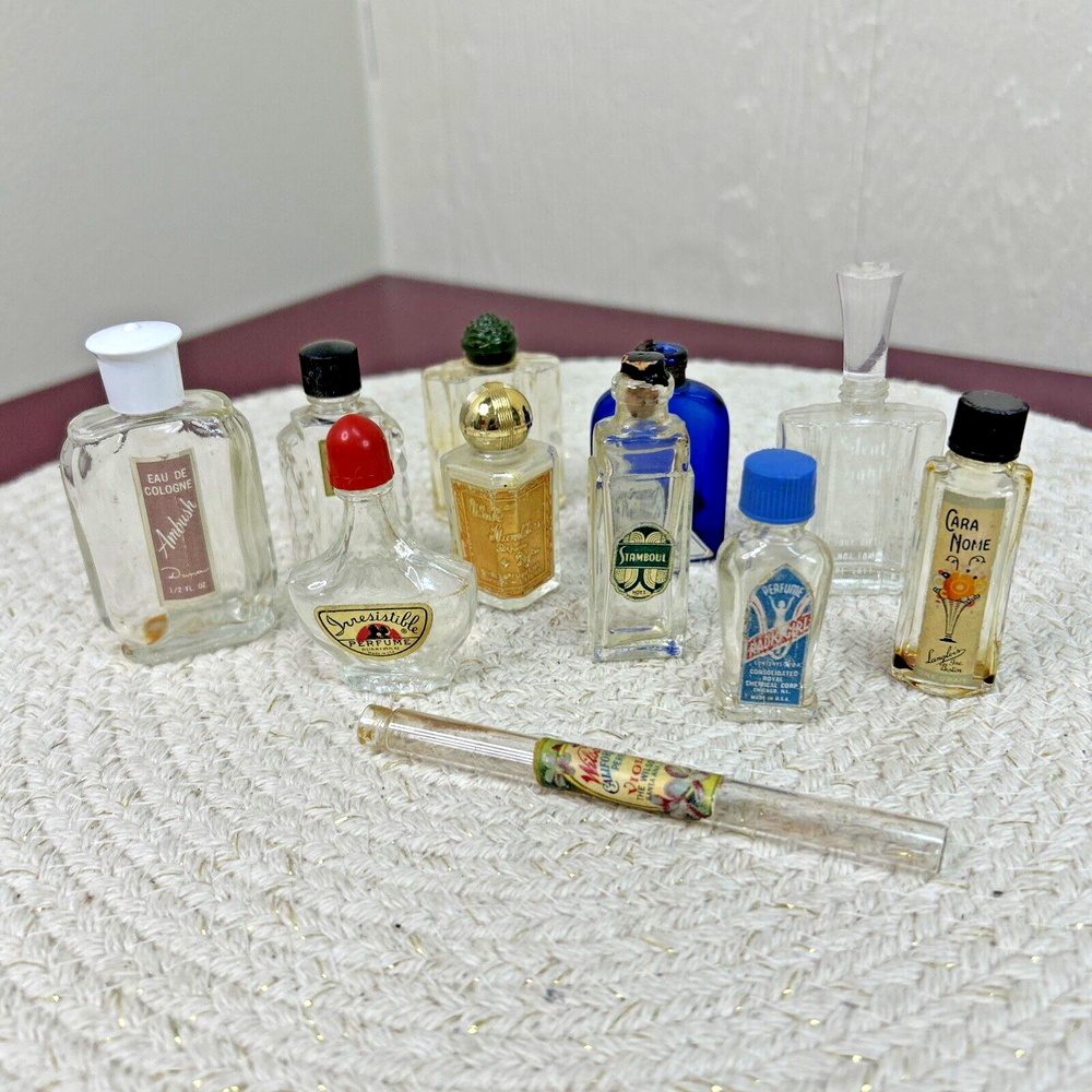 Lot of 11 Perfumes Small Antique Vanity Decor Empty Bottles Advertising Labels