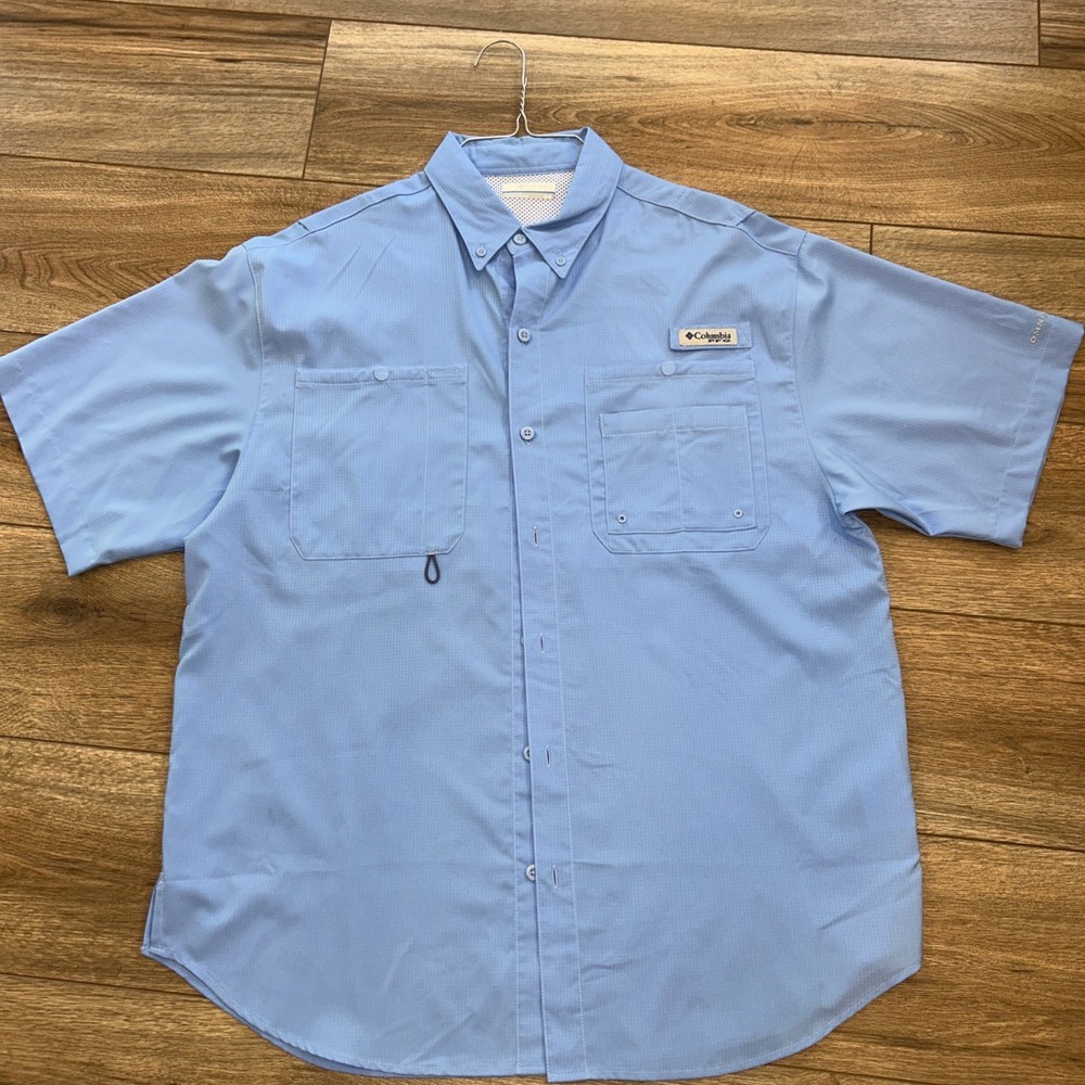Men's Columbia PFG Shirt Medium Short Sleeve Button-Down Hiking Outdoors Blue
