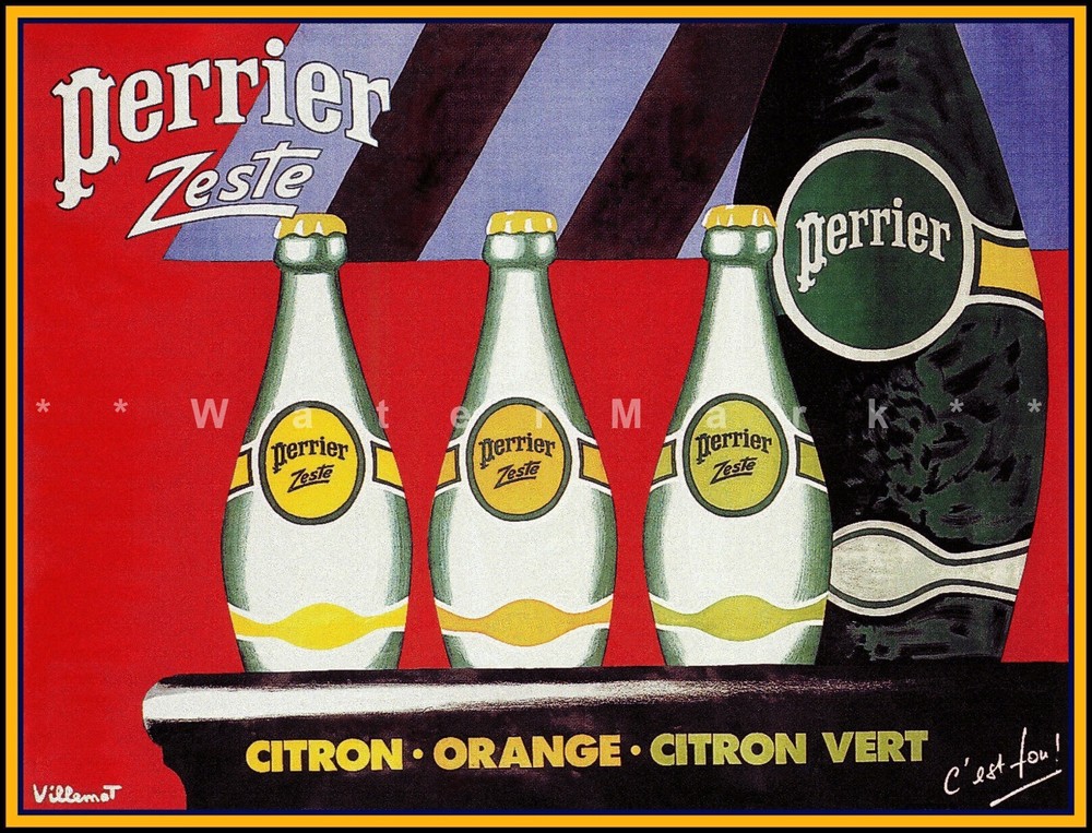 Vintage 1987 Perrier Zeste French Retro Ad Poster Print