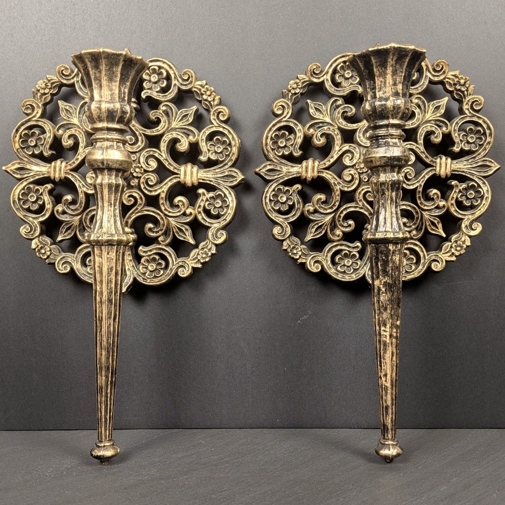 Vintage Homco Wall Candle Sconce Pair Gold Black Floral Hollywood Regency Gothic