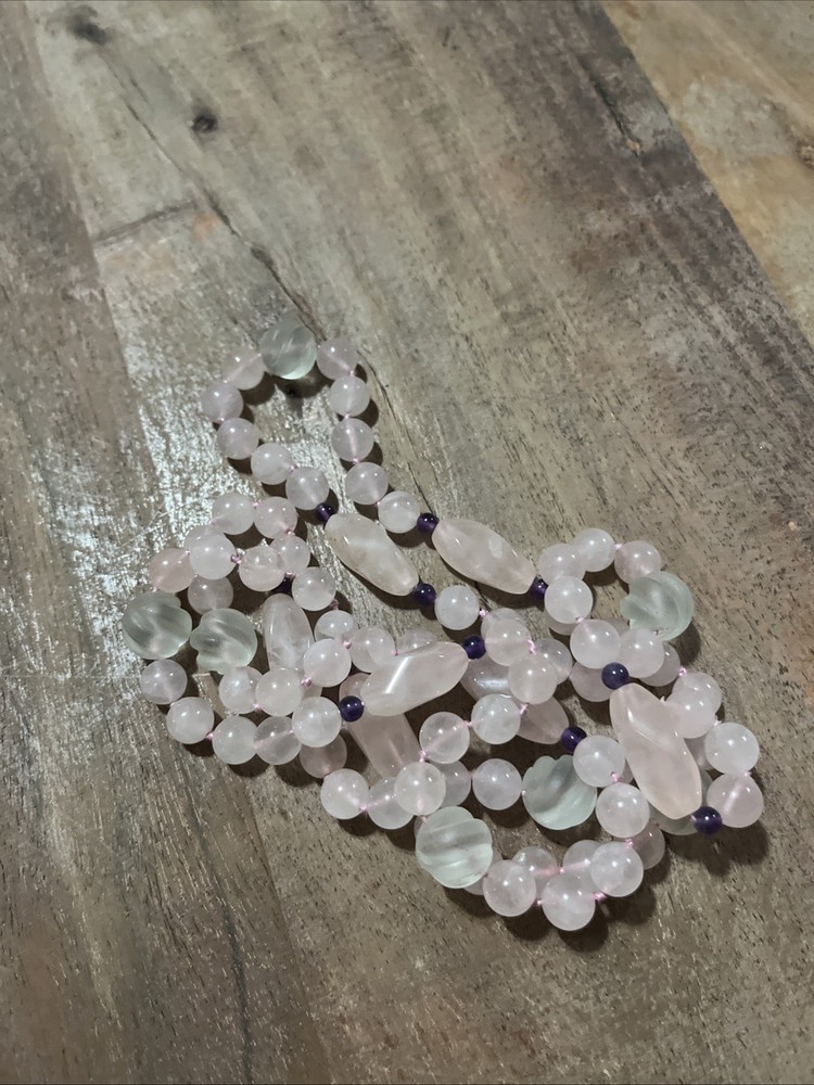 Vtg. Pink Rose Quartz Hand Knotted Bead Necklace 36”