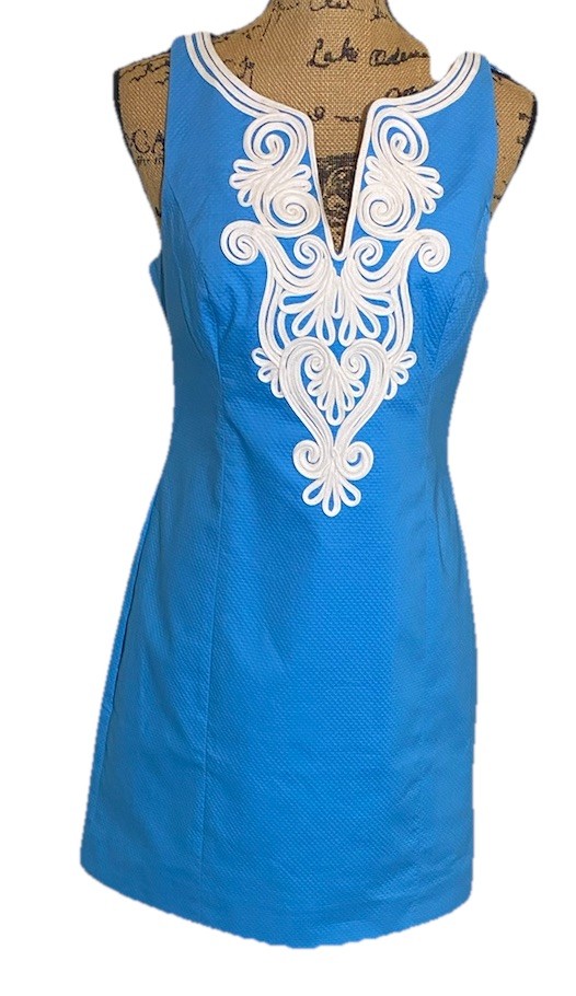 Lilly Pulitzer Size 4 Gabby Stretch Shift Dress Bondi Blue White Embroidery