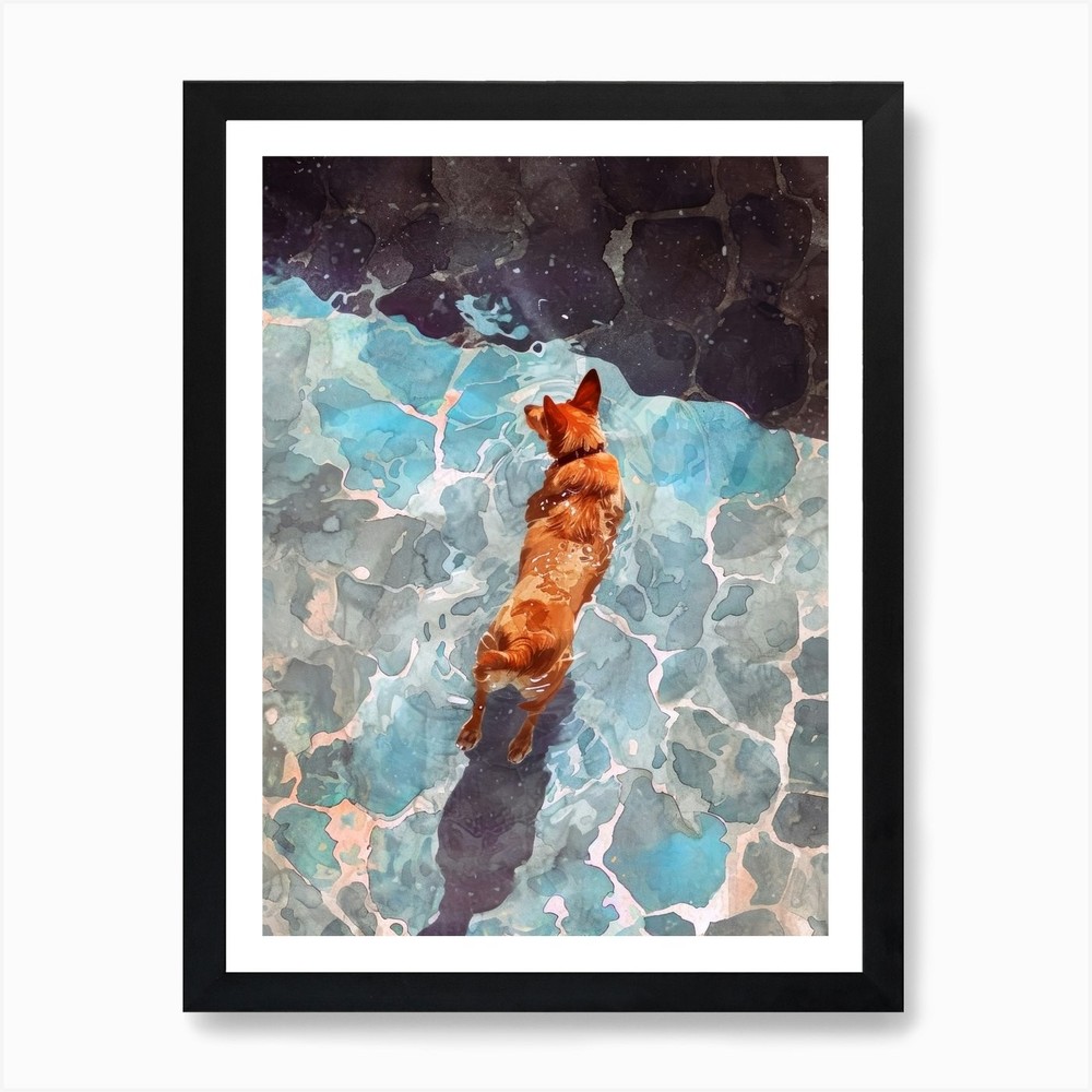 Playful Dog in Pool Framed Wall Art Canvas Print Pet Life Decor