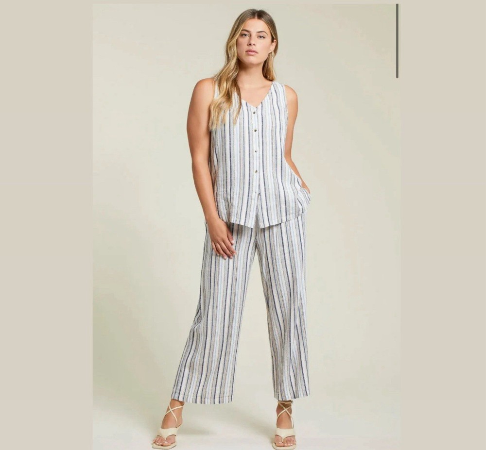 Tribal Striped Linen 2 Piece Blouse Pant Set Womens Size Medium Boho Wide Leg