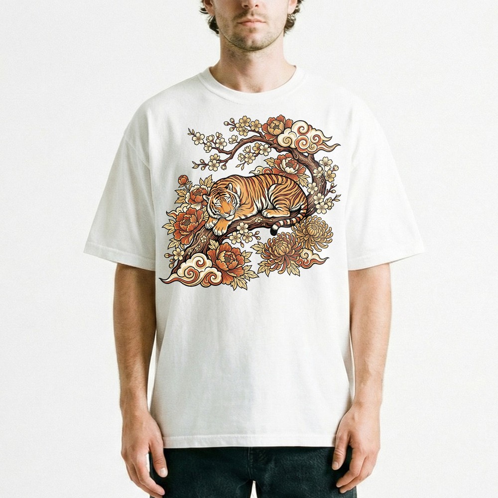Sleeping Tiger Peonies Japanese Traditional Vintage Style t-shirt Asian Art Tee