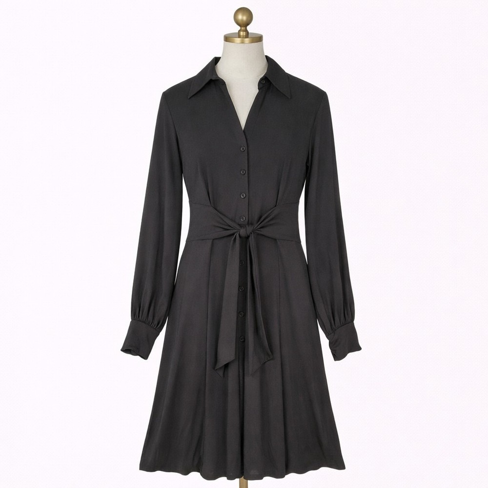 Donna Morgan Vintage Black Jersey Long Sleeve Tie-Waist Midi Shirt Dress Size 6