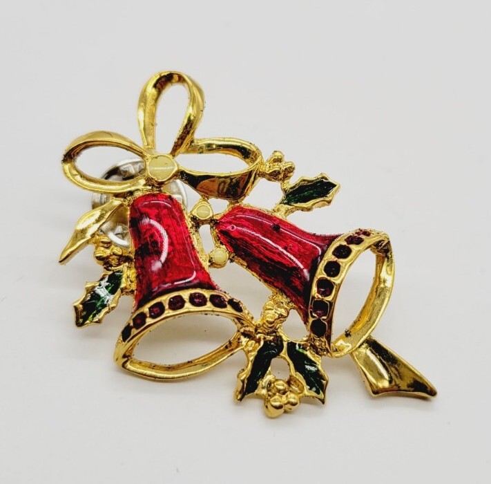 Vintage Christmas Bells Lapel Pin Holiday Jewelry Crystal Accent Gold tone #B-image