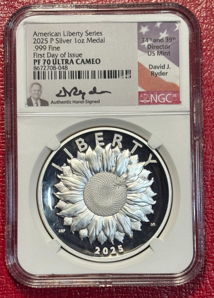 NGC PR70DCAM 2025 FIRST STRIKE AMERICAN LIBERTY 1 OZ. SILVER MEDAL W/BOX/COA-F25