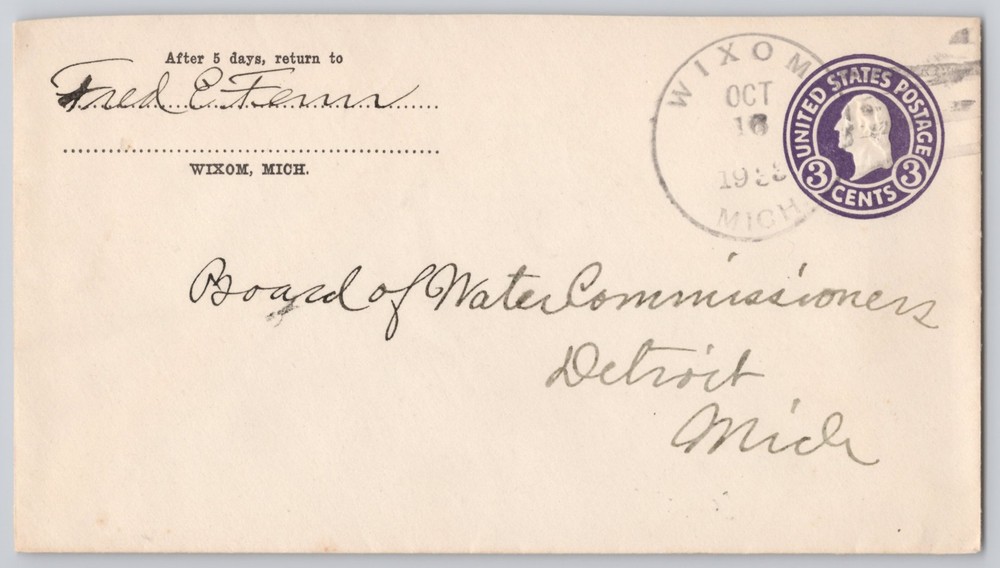 Wixom, Michigan Addressed to Water Commissioners, Detroit , US 1938 3c
