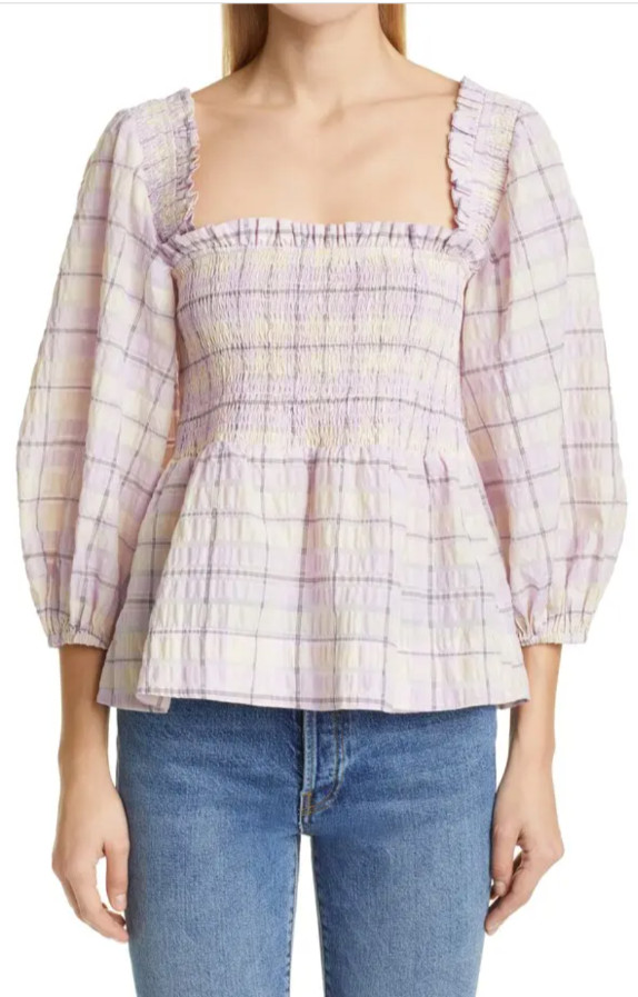 Ganni Top Womens 36 Small Purple Plaid Check Seersucker Smocked