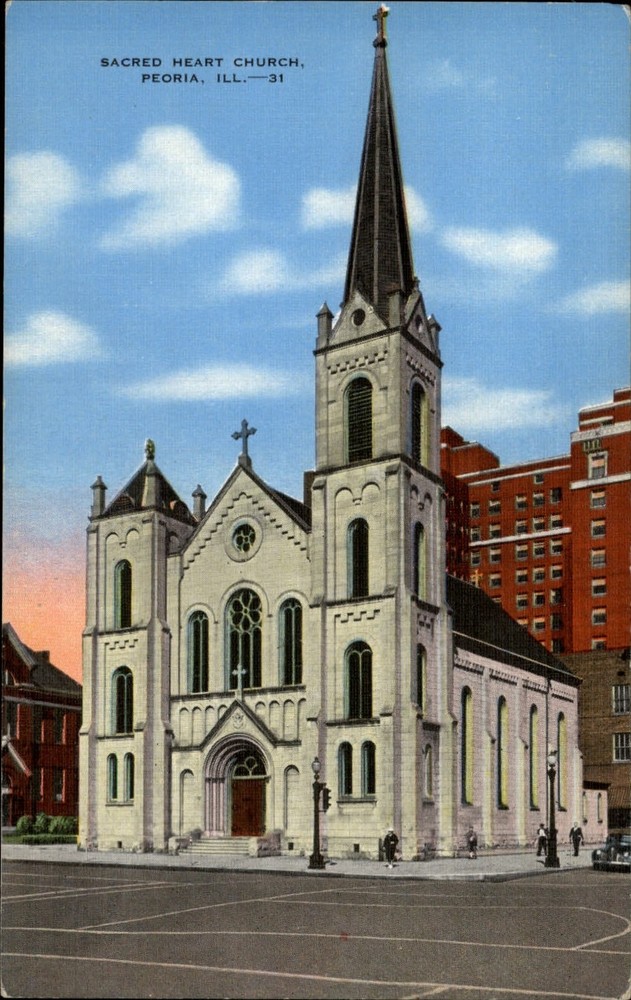 Peoria Illinois ~ Sacred Heart Church ~ steeple ~ cross ~ linen postcard sku725