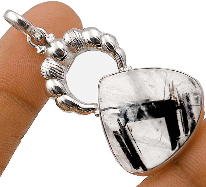 Natural Black Rutilated Quartz Pendant in 925 Sterling Silver @B2-3  