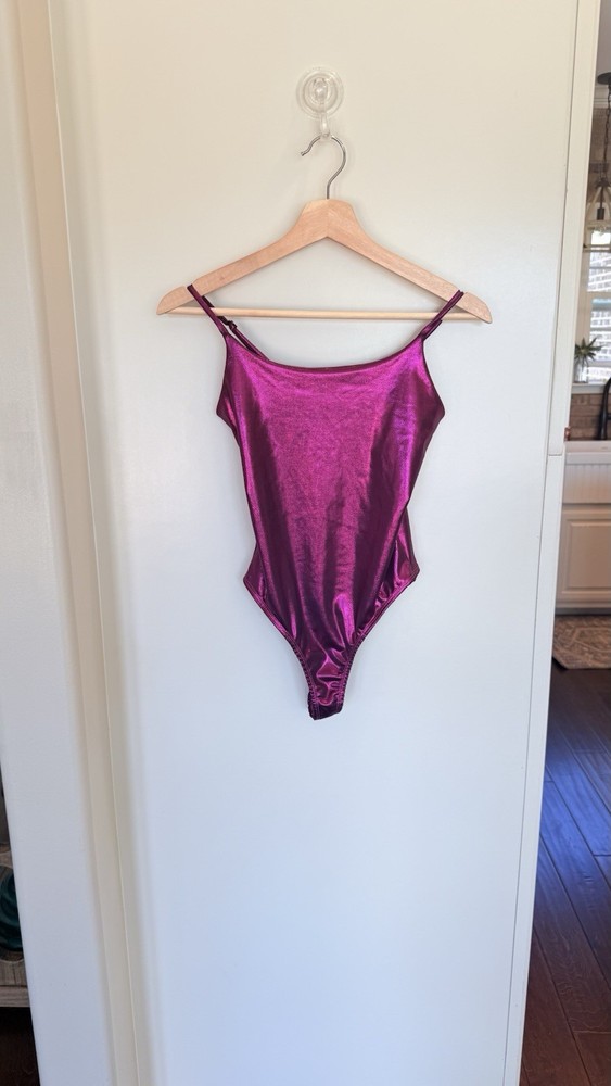 Just Polly Y2K Juniors Medium Metallic Pink Bodysuit Rave Indie Festival