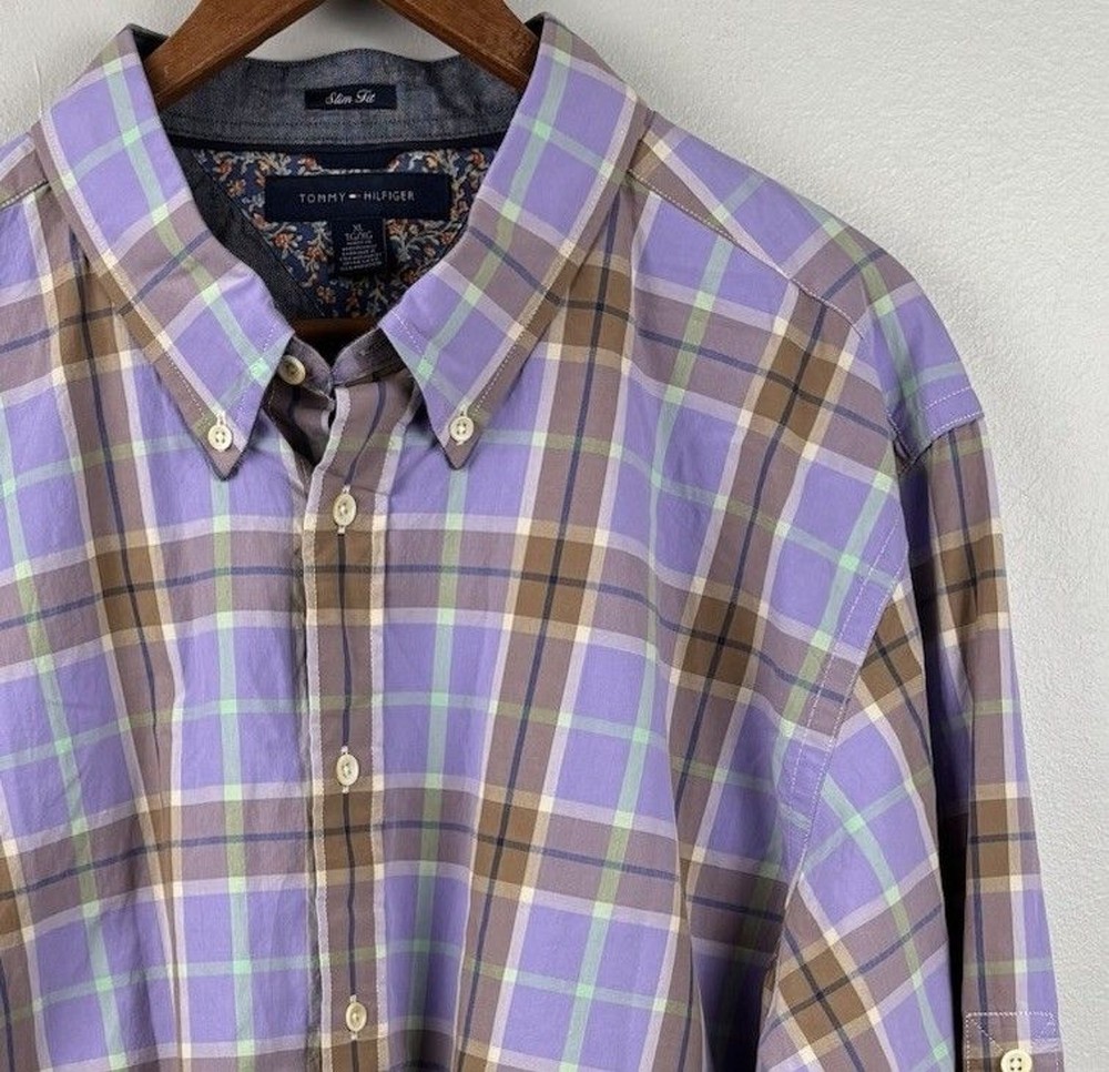 NWT Tommy Hilfiger Mens Slim Fit XL Shirt In Chalk Violet Plaid Long Sleeve