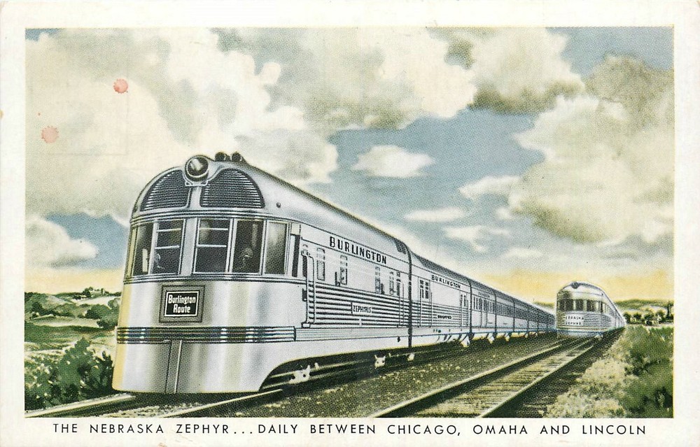 1940s Streamliner Railroad Train Nebraska Zephyr artist Postcard 26-3968