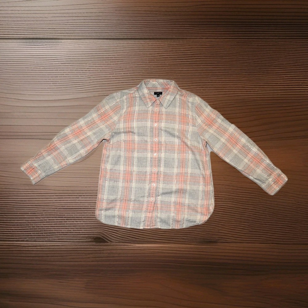 Talbots Women's L/S Button-up Plaid Grey Peach Silver Flannel Shirt Sz MP