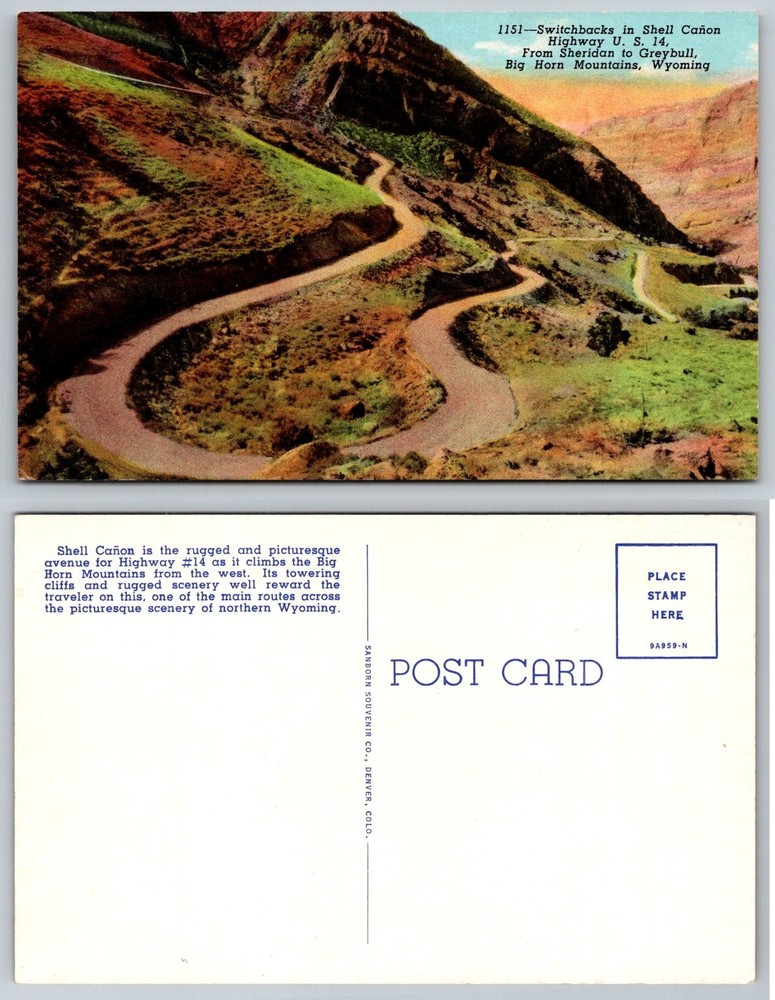 Wyoming Shell Canyon Big Horn Mountains Switchbacks US 14 Postcard Sanborn