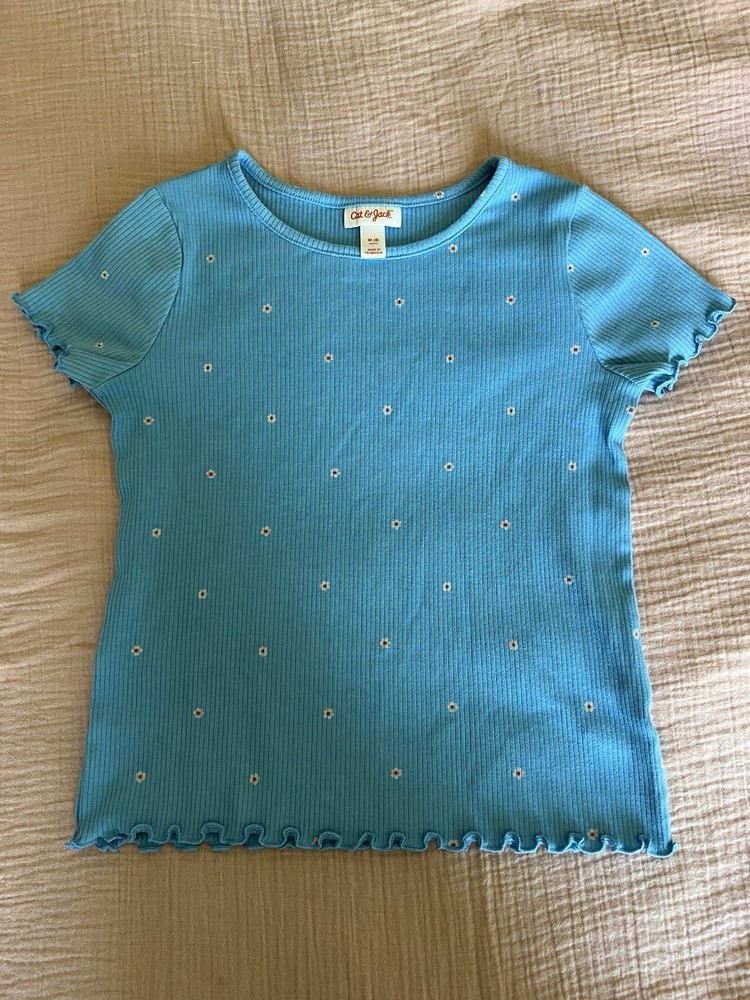 Cat & Jack Girls Blue Floral Ruffle Short Sleeve Pullover T-Shirt Size M (8)