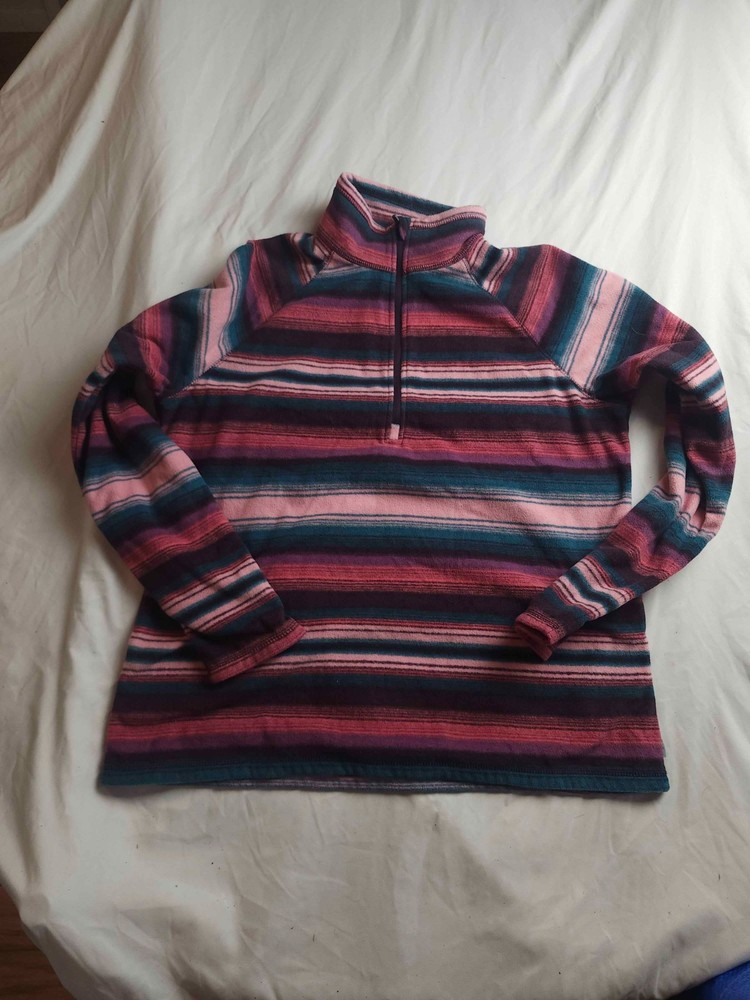 Eddie Bauer Pullover Womens Large Pink Striped Fleece Quarter Zip Mock Neck