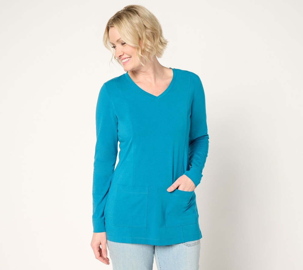 Denim & Co. Women's Top Petite PXS Essentials So Soft Jersey Tunic Blue A681950