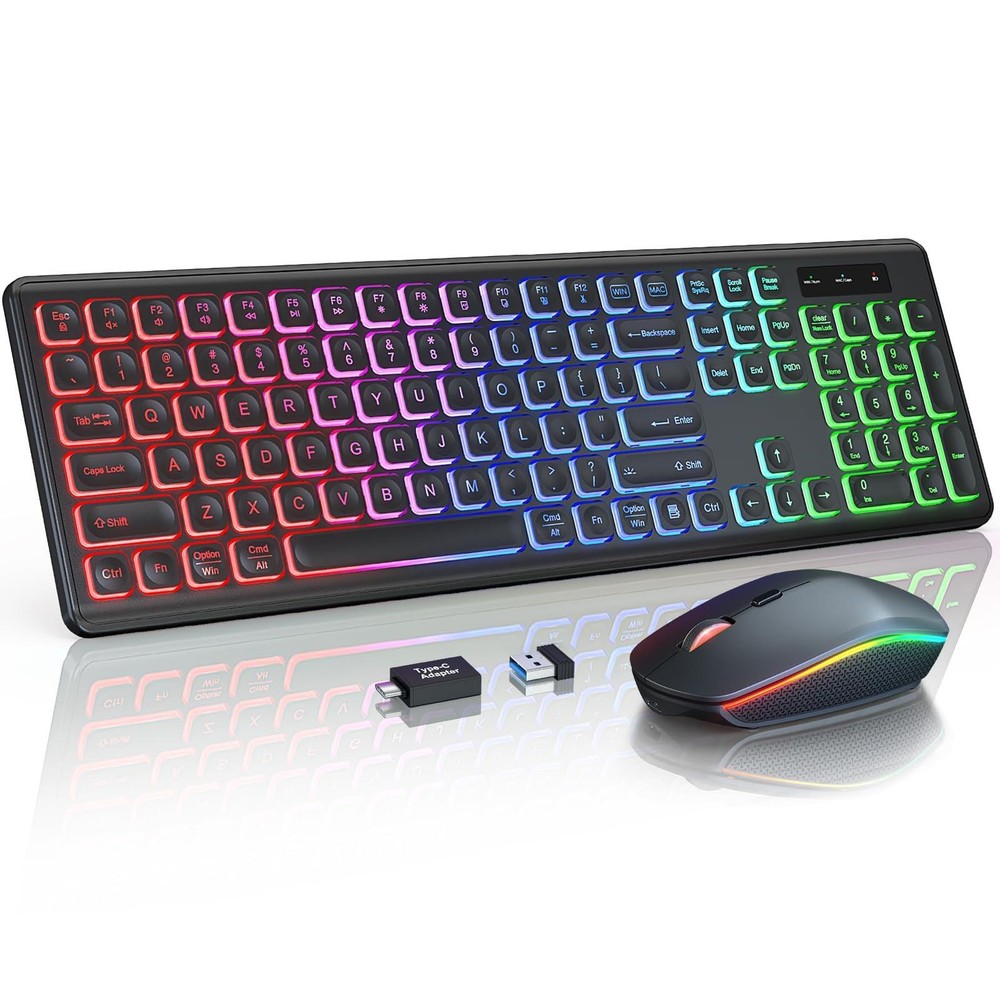 Wireless Keyboard and Mouse Combo - RGB Backlit, Rechargeable & Light Up Lett...