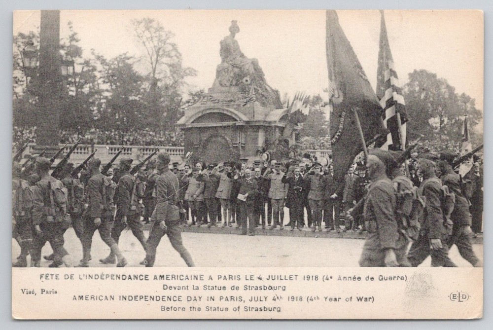 WWI Paris July 4 1918 American Independence Day Postcard Statue of Strasburg