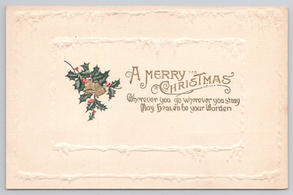 Vintage 1914 Embossed Christmas Postcard - Holly & Bells, Gilded German Made