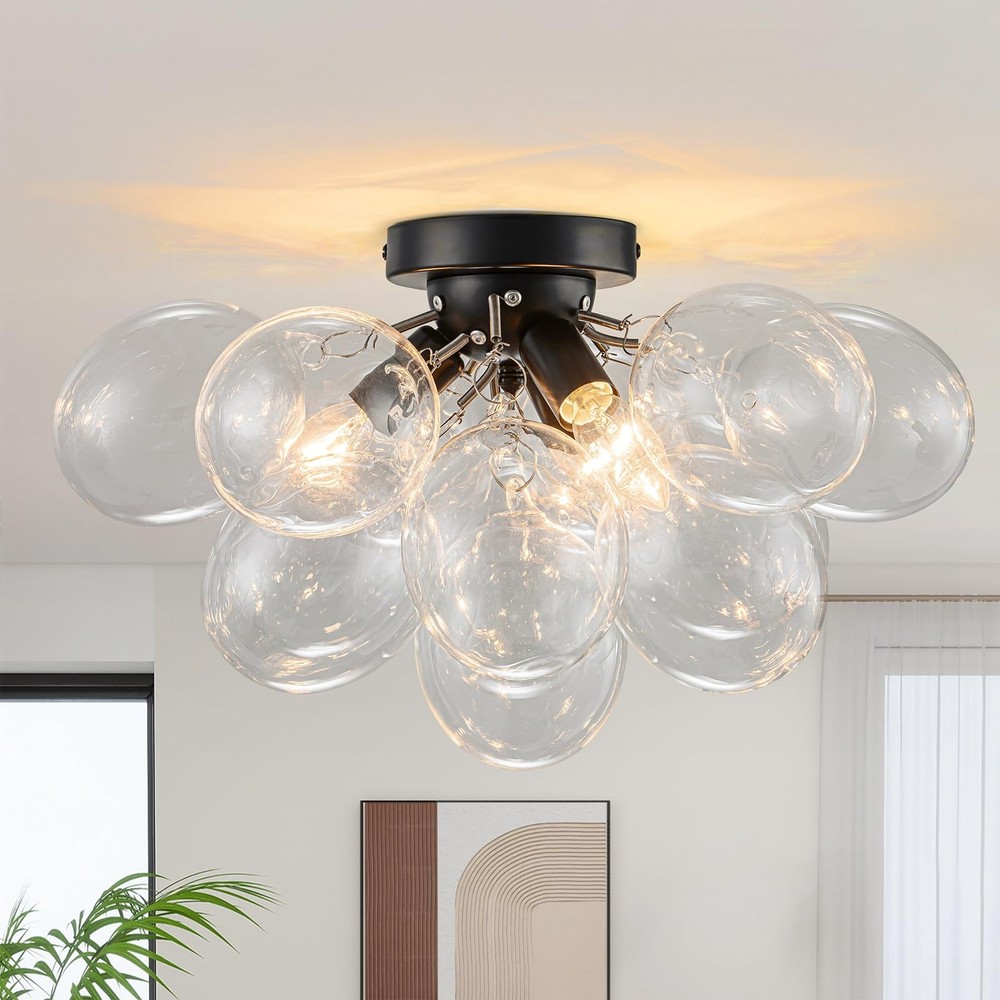 Modern Black Glass Flush Mount Ceiling Light Fixture for Bedroom Chandelier
