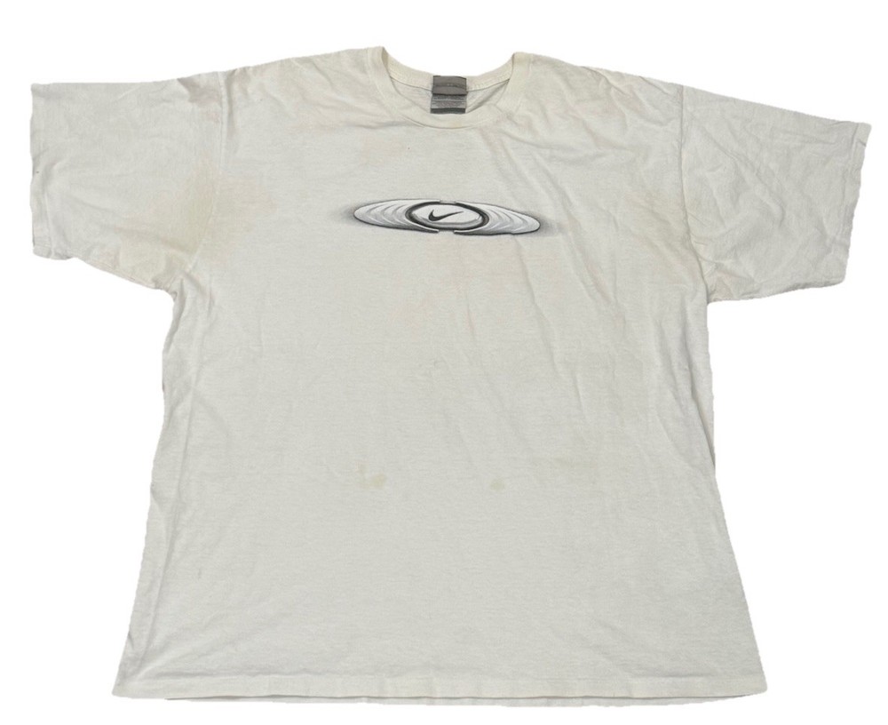Nike Silver Center Swoosh Logo Y2K Tee Men’s Size XL Gray Tag Pre-Loved Stains