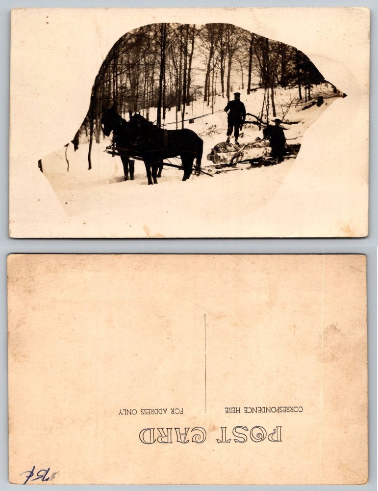 RPPC Logging Scene Horses & Loggers Snow Winter Woods Real Photo Postcard c1910s
