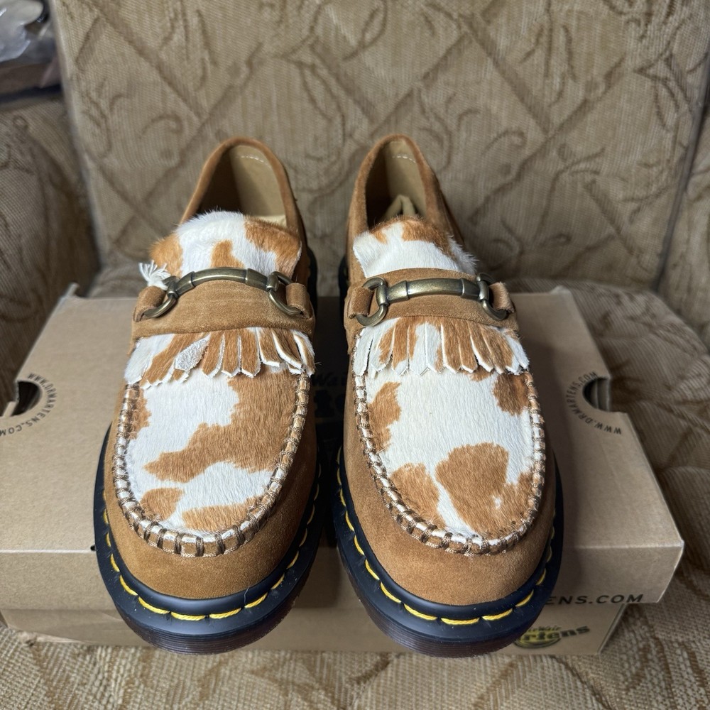DR. MARTENS ADRIAN SNAFFLE HAIR-ON COW PRINT KILTIE LOAFERS WOMEN’S 9 Men’s 8