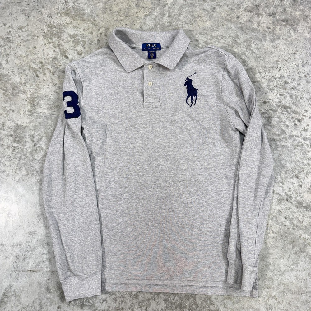 Polo Ralph Lauren Shirt youth XL Gray Long Sleeve Big Pony Number 3 Rugby Top