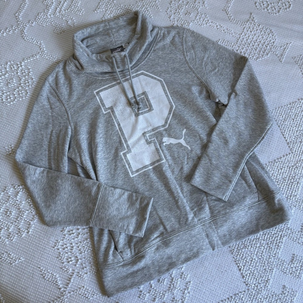 PUMA women’s size Large gray/white athletic letter style mock neck sweatshirt