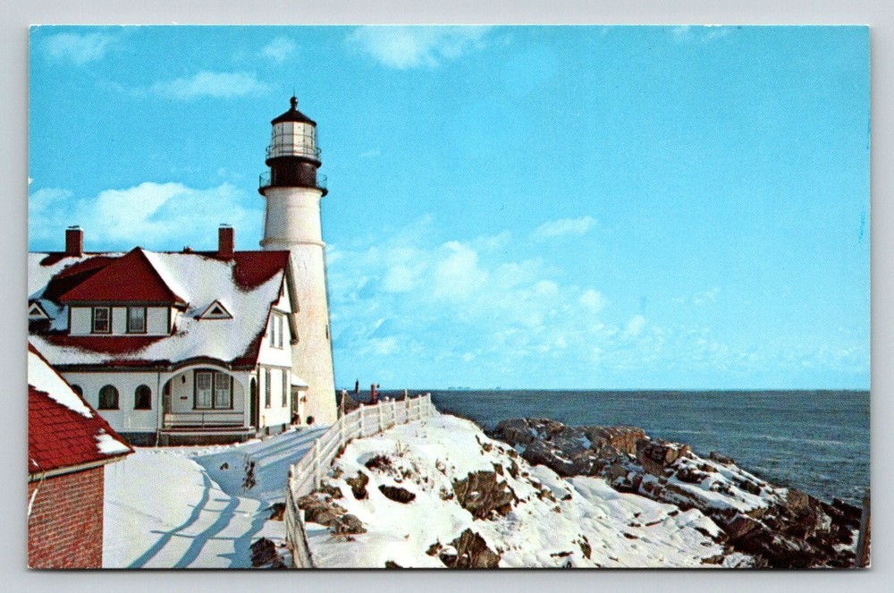 Portland Head Light Lighthouse Maine Winter Snow Vintage Chrome Postcard