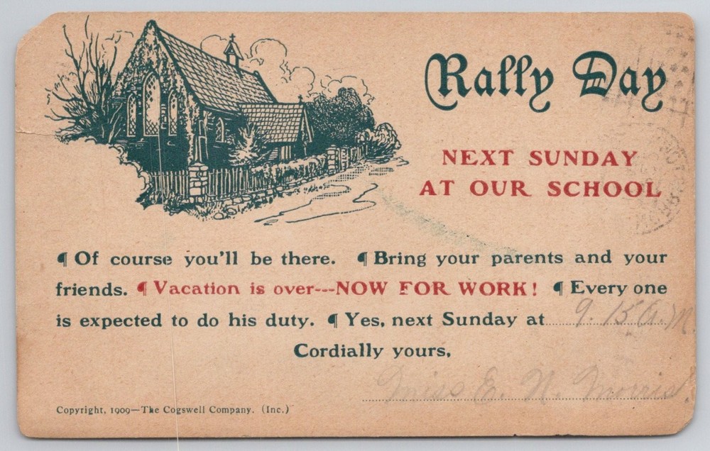 1909 Cogswell Rally Day Postcard Norristown PA Church School Invitation 1910