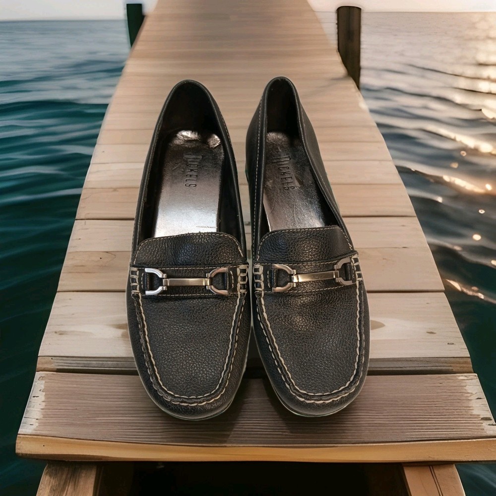 Nickels Navy Blue Leather Square Toe Slip-On Loafers Women's 9M Horsebit Accent