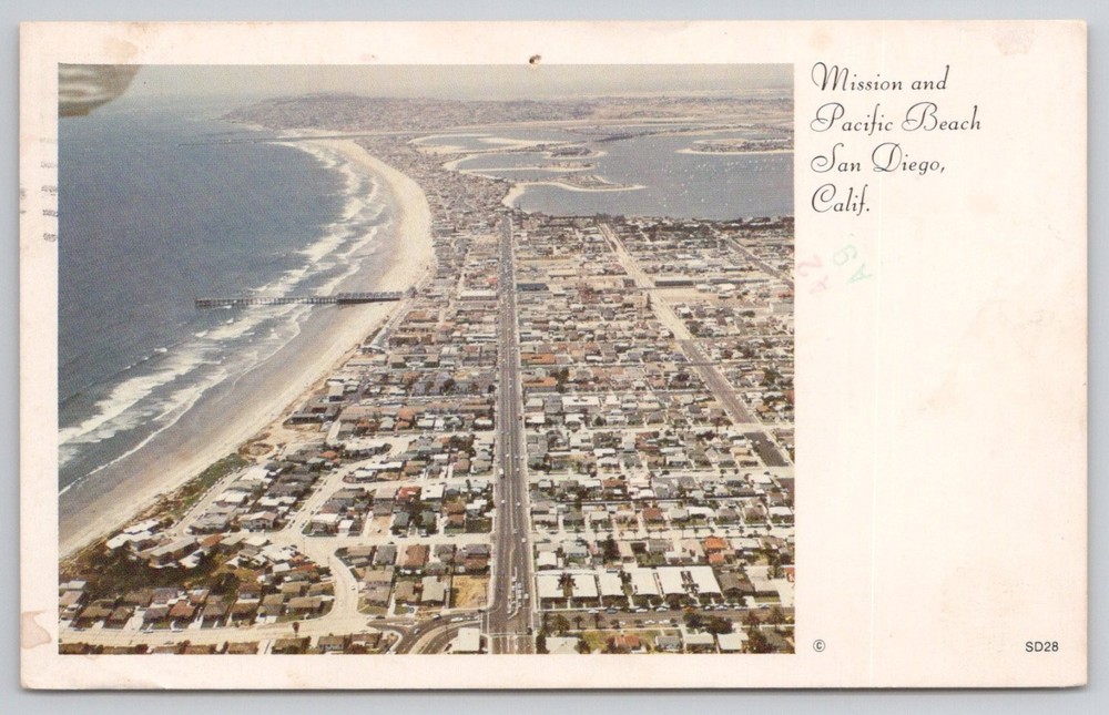 Vintage Mission & Pacific Beach San Diego CA Aerial View Postcard 1970