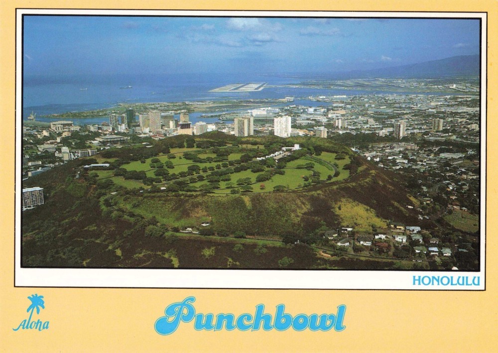 Honolulu Hawaii, Punchbowl Crater City Skyline Aerial View, Vintage Postcard