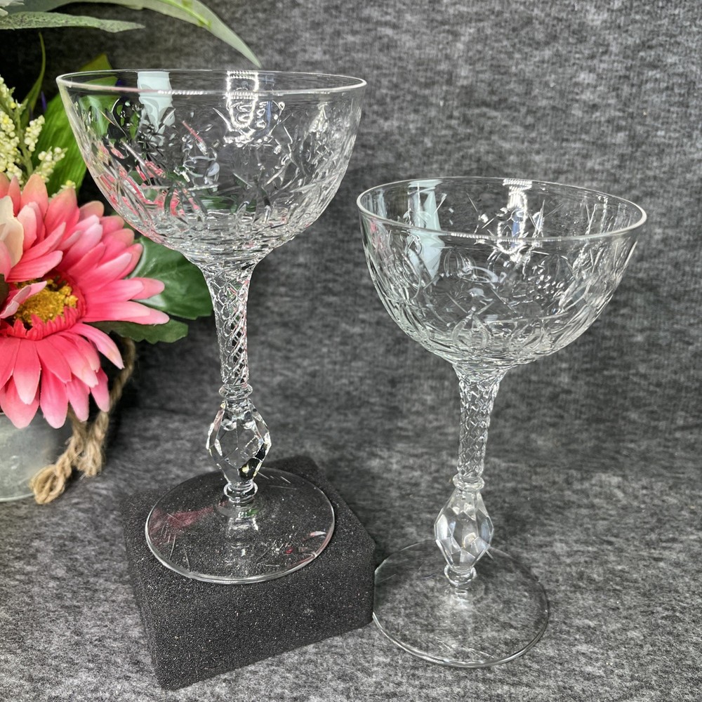 2 Rock Sharpe Chantilly Stem #1017 Polished Cut Floral 6 3/8” Champagne Sherbet