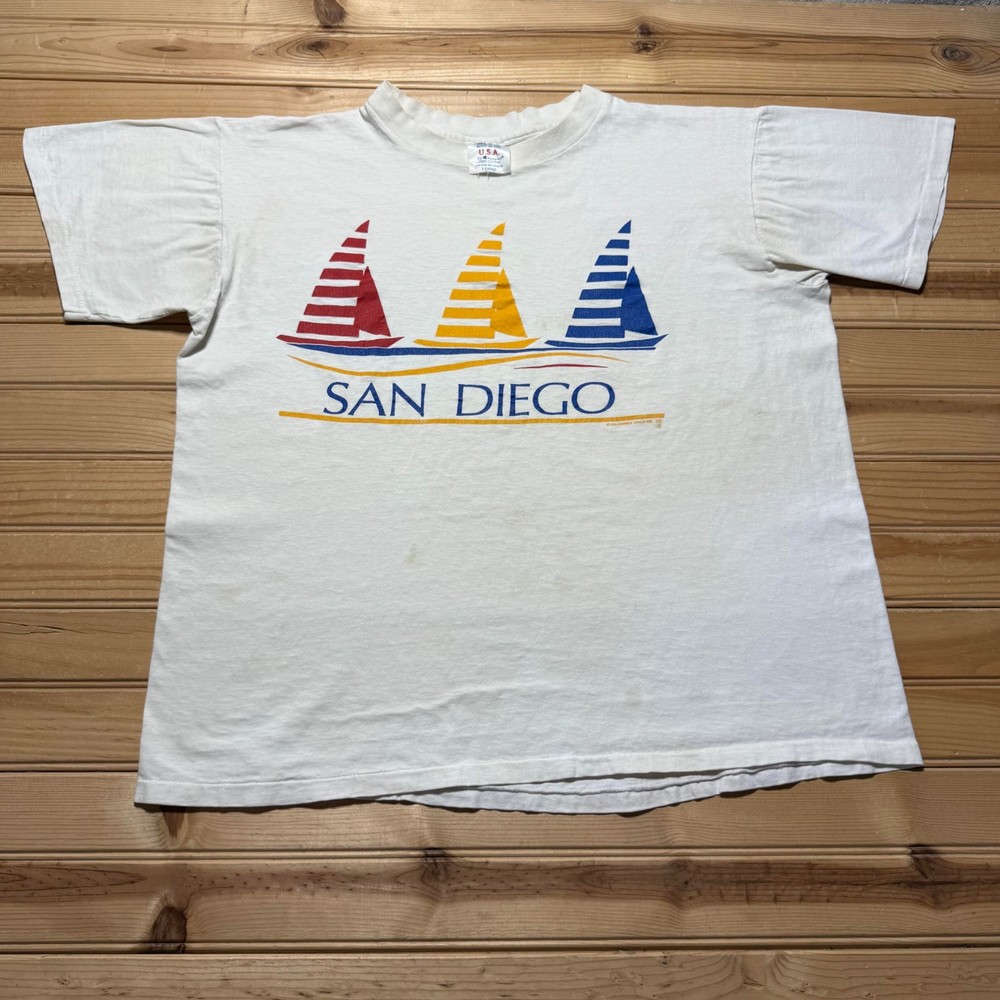 Vintage 1985 San Diego Sailboat Nautical Beach Ocean Graphic T-Shirt USA - XL